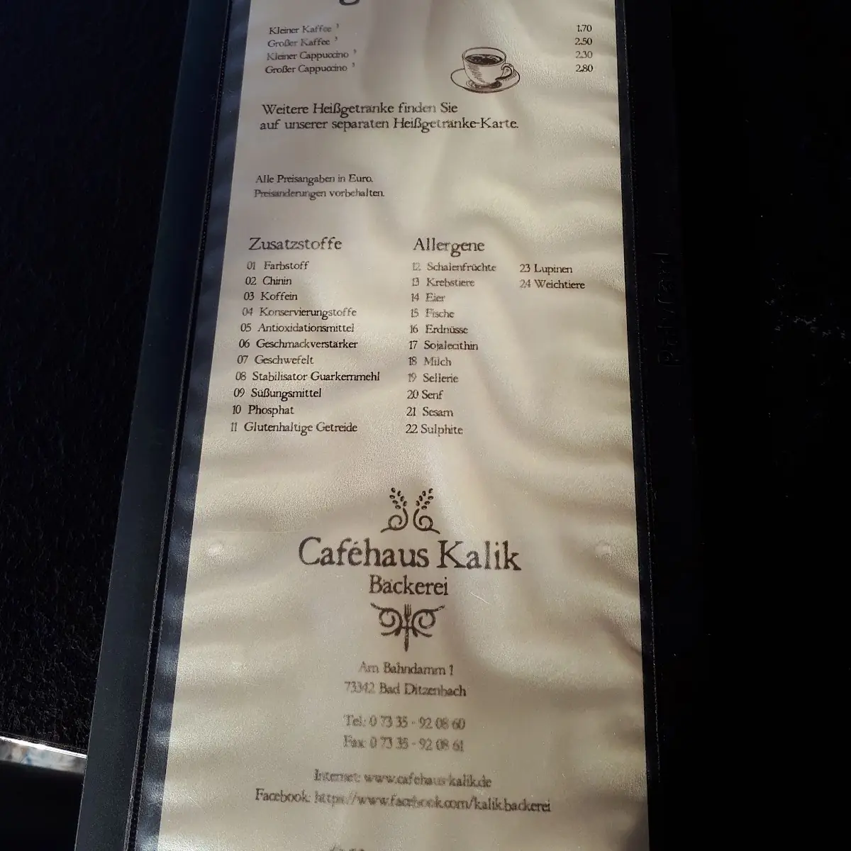 Speisekarte, Bäckerei Kalik