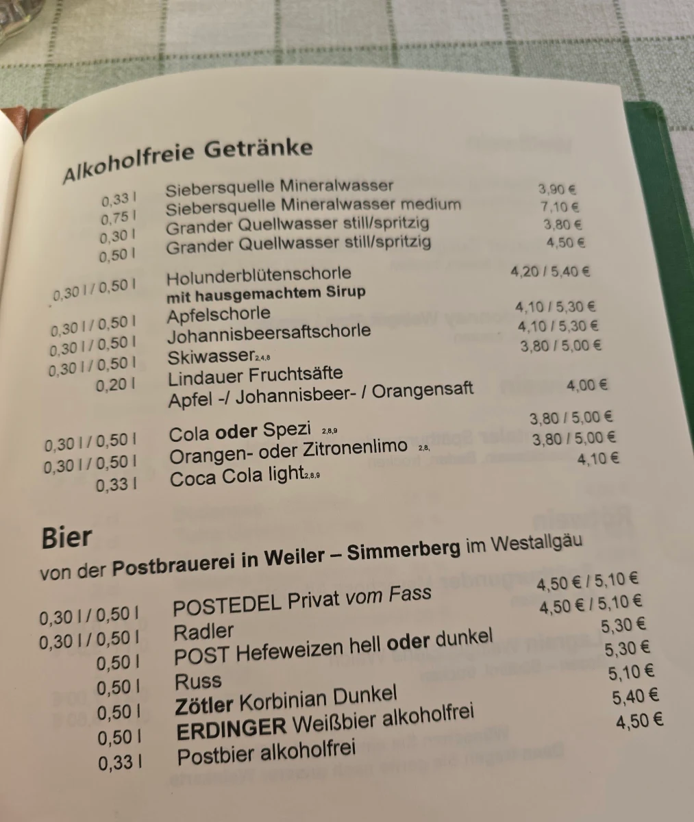 Speisekarte, Cafe Restaurant Karatsbichl