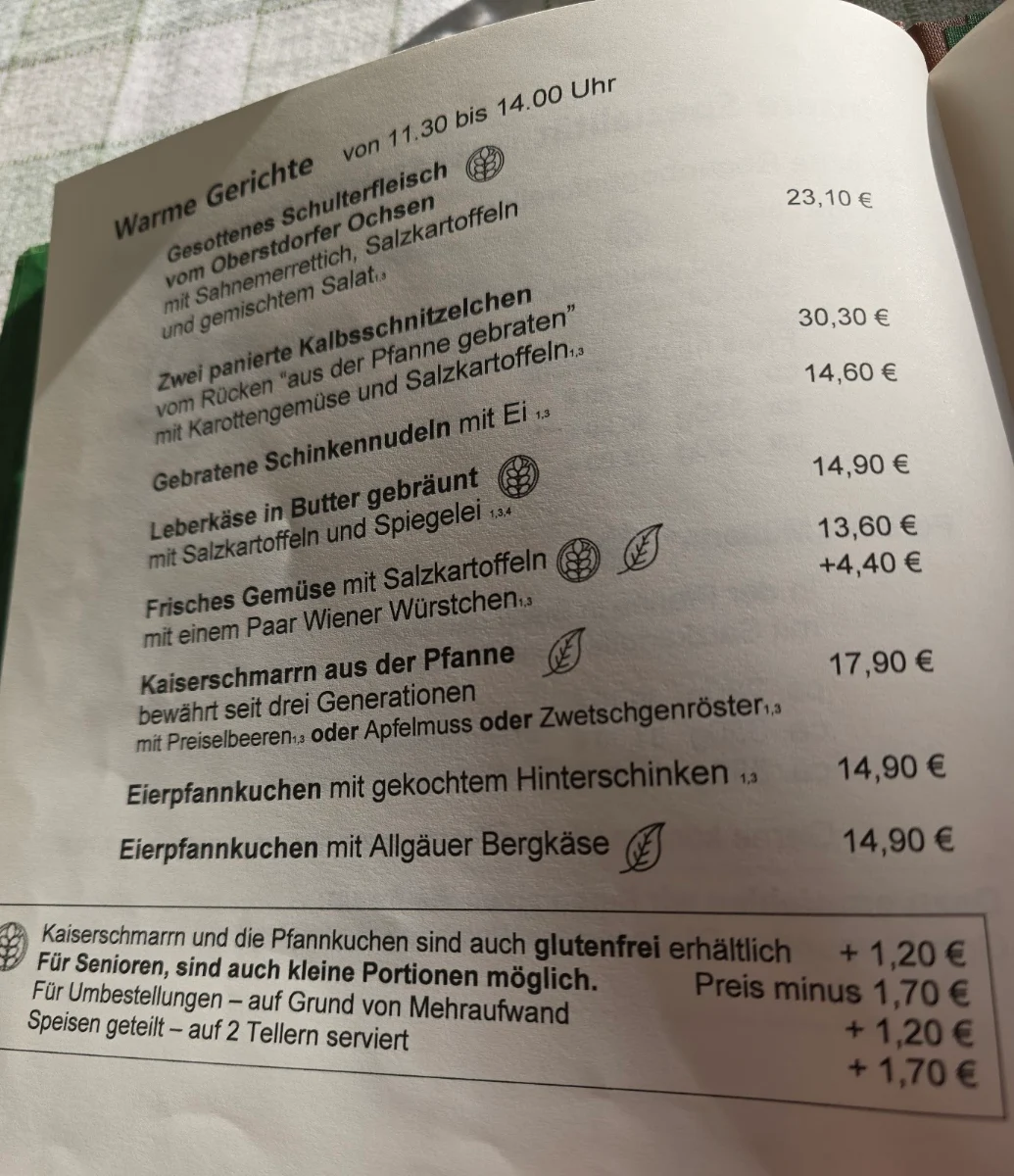 Speisekarte, Cafe Restaurant Karatsbichl