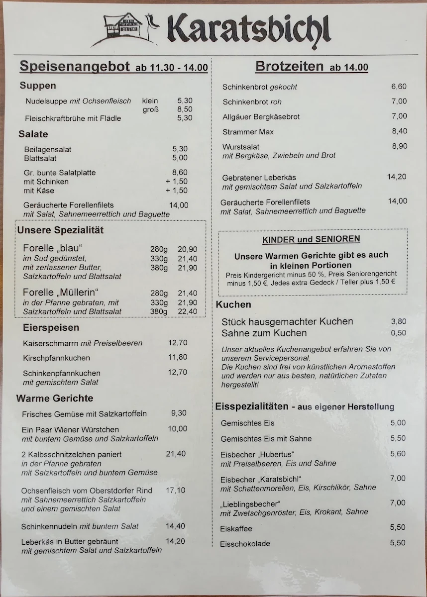 Speisekarte, Cafe Restaurant Karatsbichl