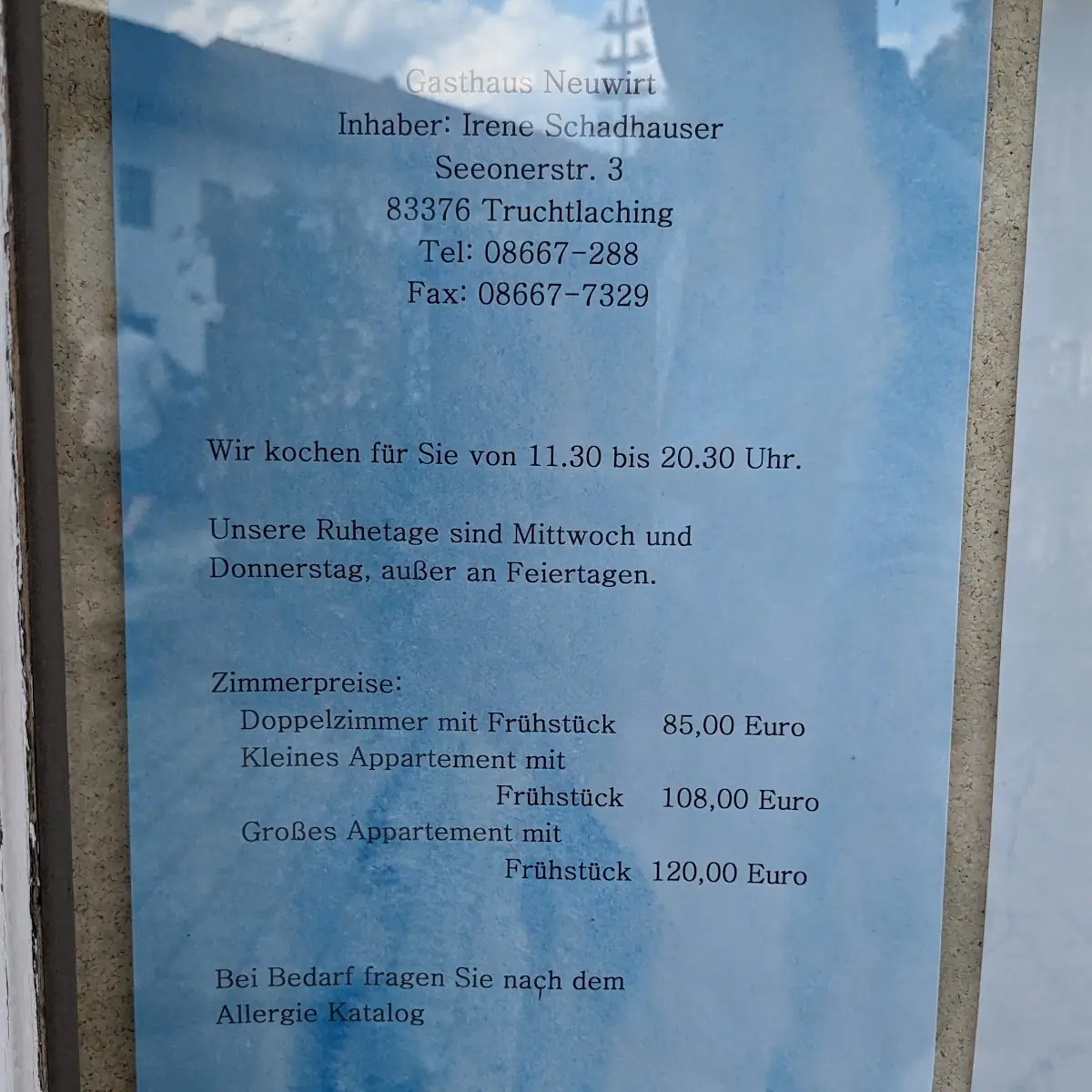 Speisekarte, Gaststätte Neuwirt