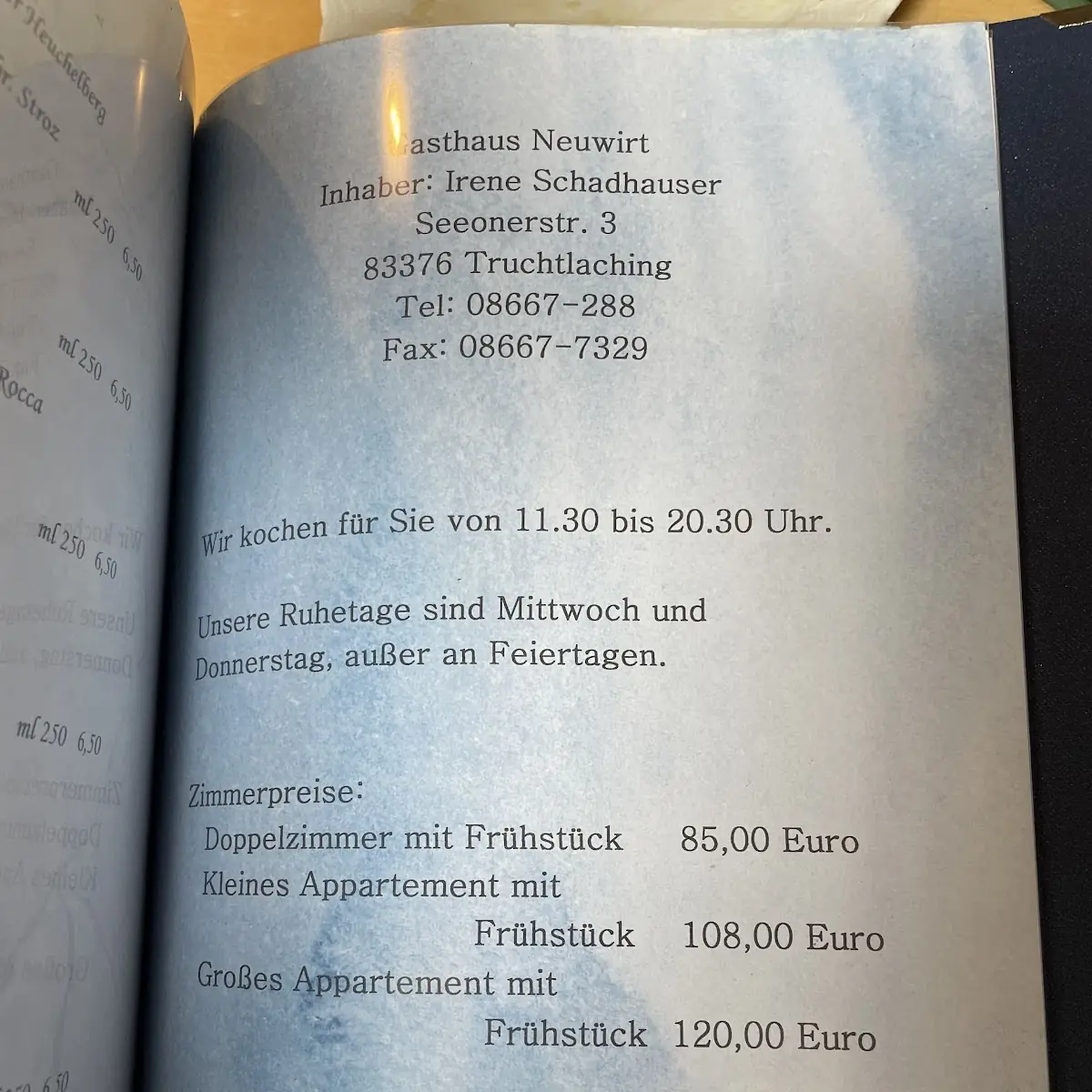 Speisekarte, Gaststätte Neuwirt