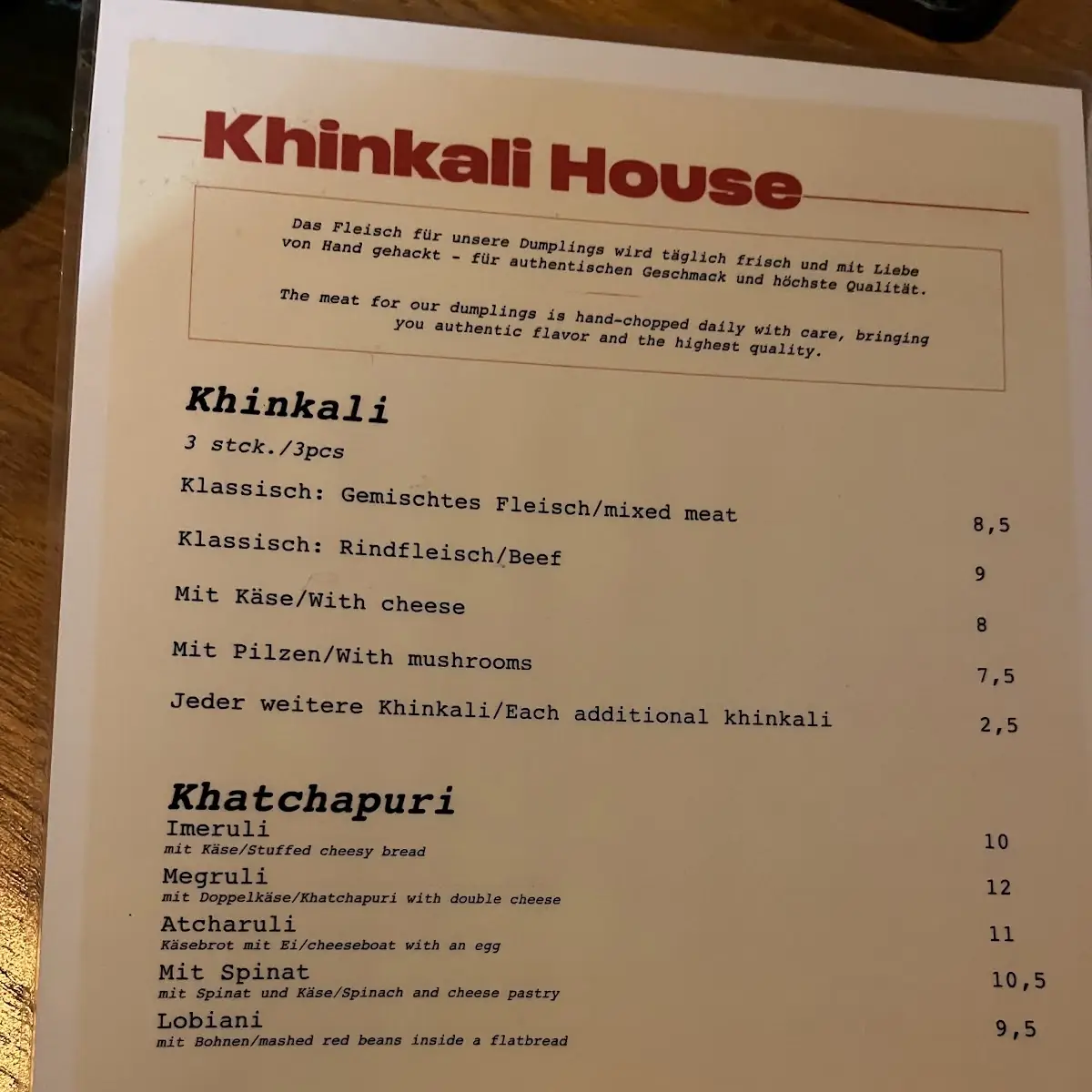 Speisekarte, Khinkali House