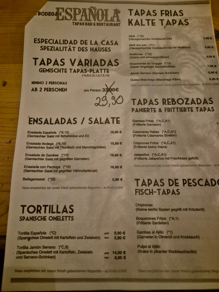 Speisekarte, La Bodega Espanola