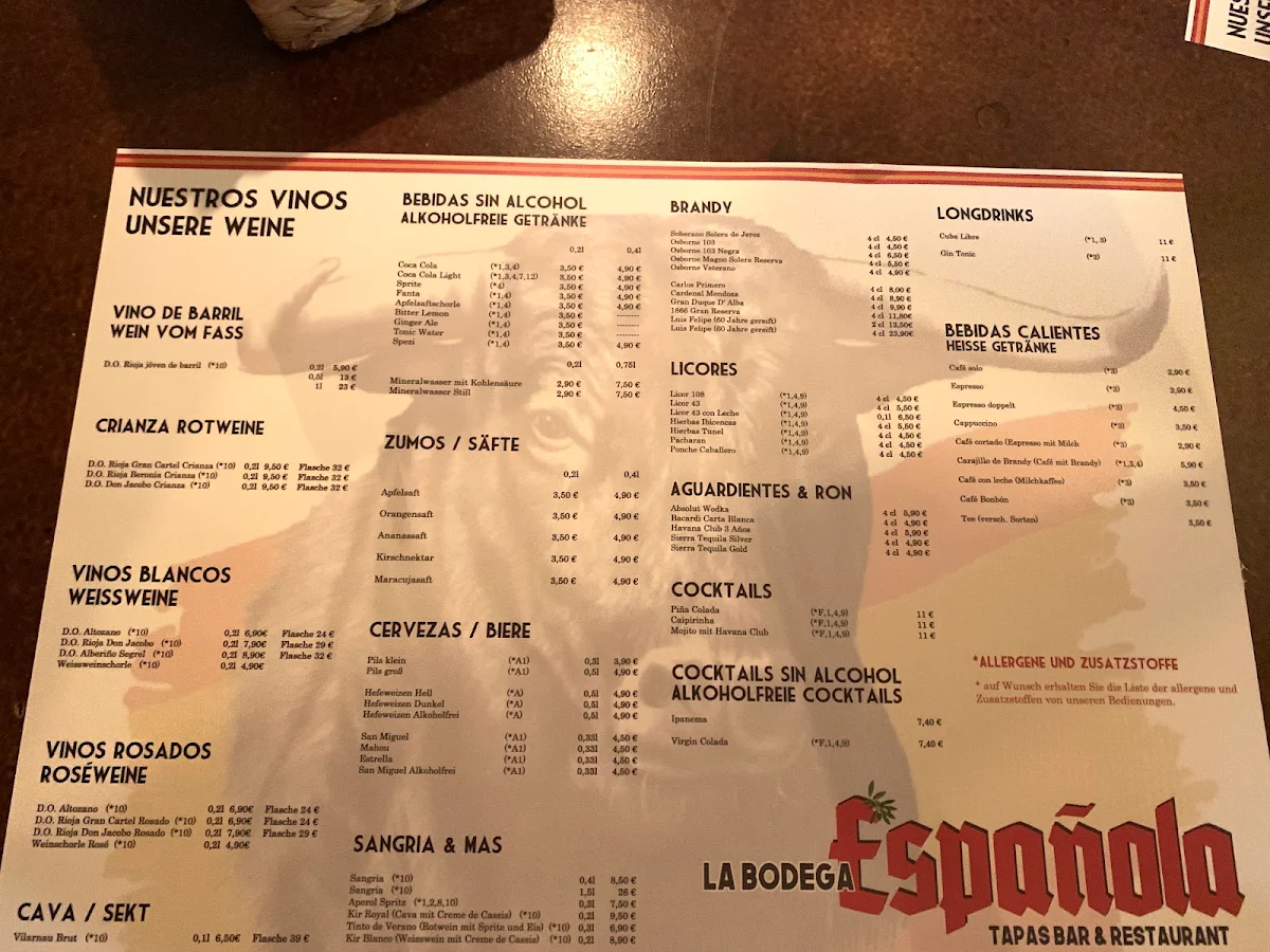 Speisekarte, La Bodega Espanola