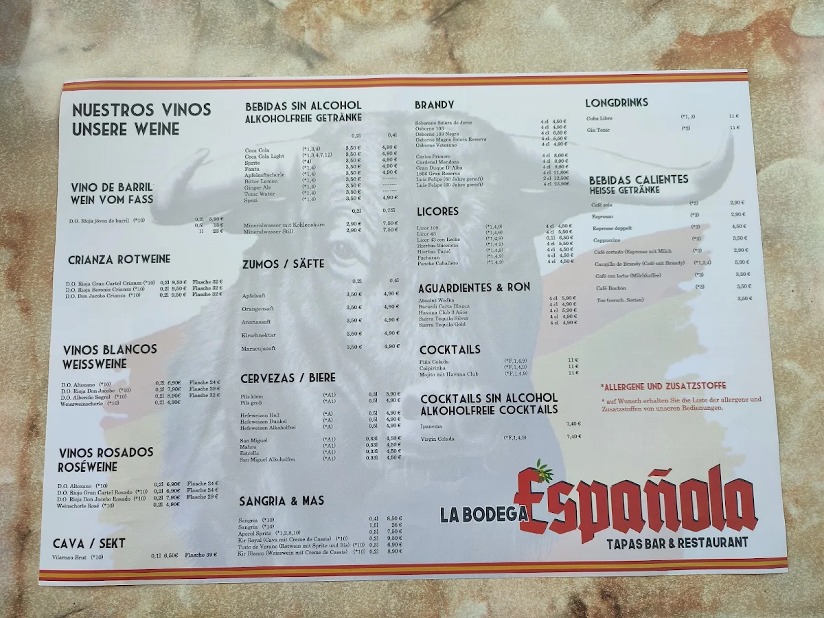 Speisekarte, La Bodega Espanola