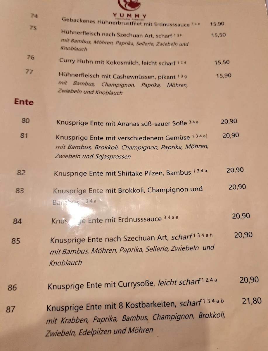 Speisekarte, Restaurant YUMMY