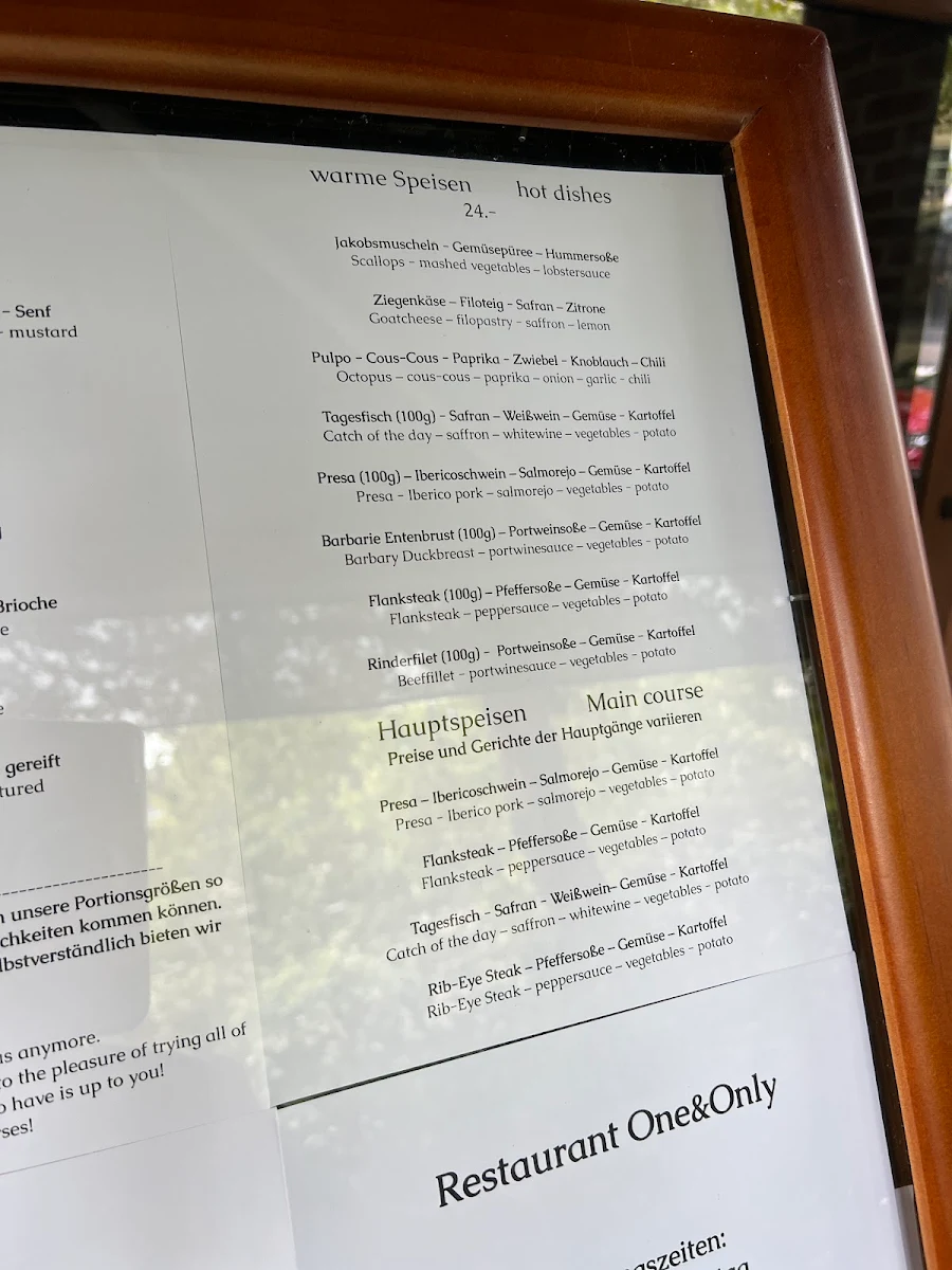 Speisekarte, Restaurant One & Only