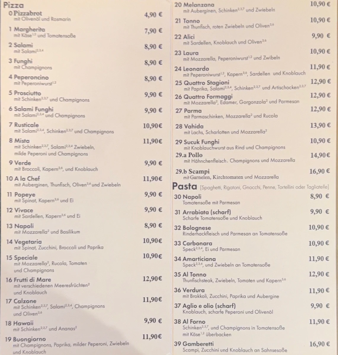 Speisekarte, Engel Pizza und Pasta aus dem Holzofen
