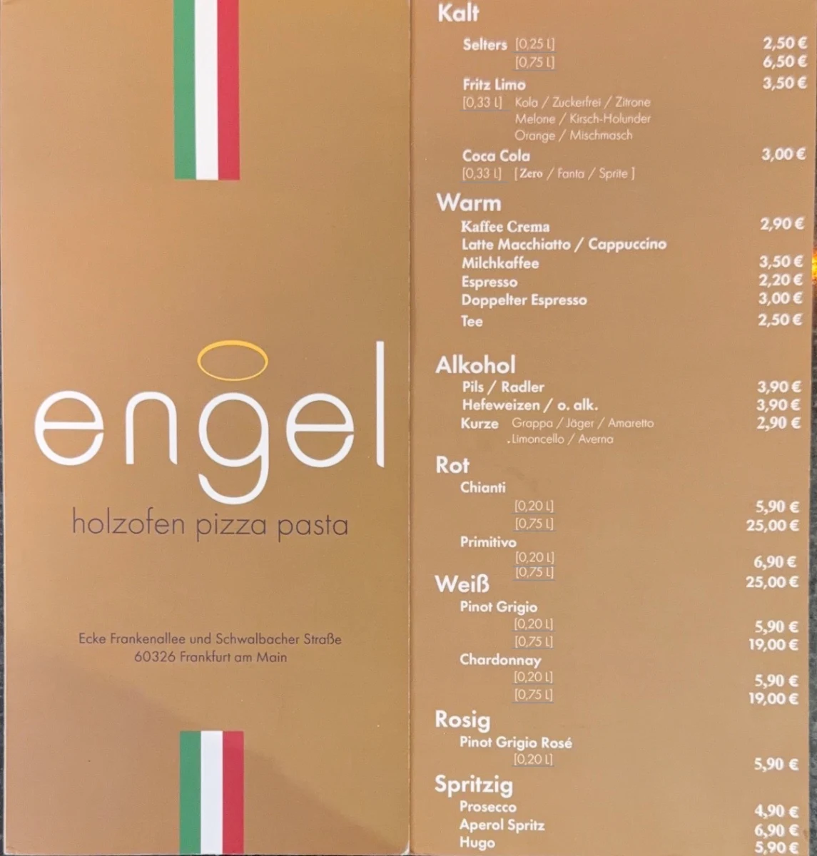 Speisekarte, Engel Pizza und Pasta aus dem Holzofen