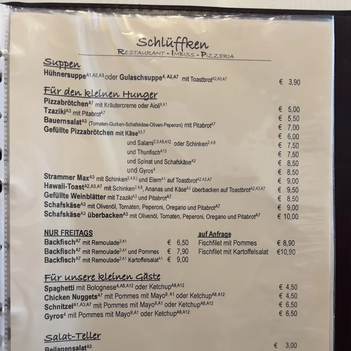 Speisekarte, Restaurant Schlüffken GbR - Inhaberin Maria Antonopoulou und Magdalini Behr