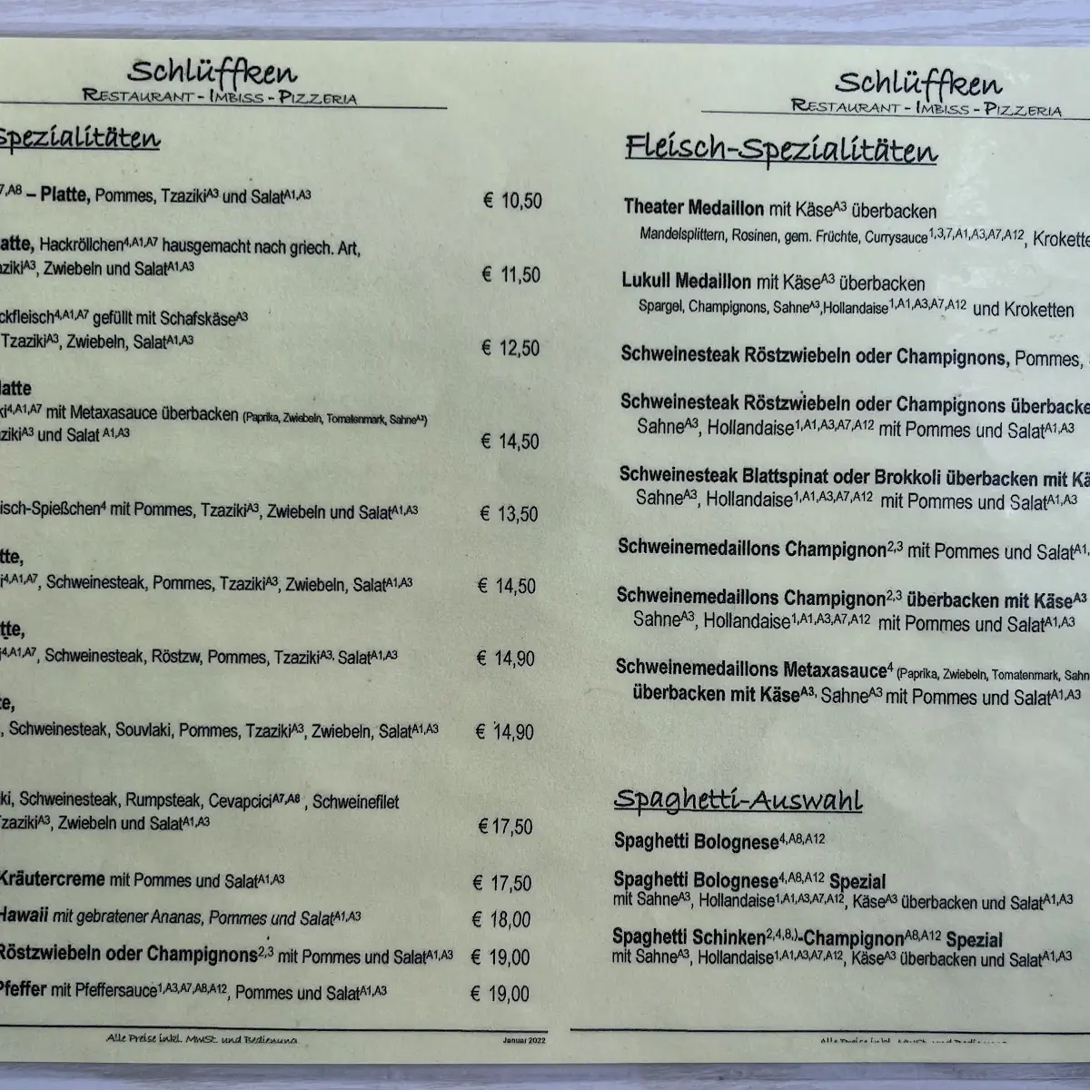 Speisekarte, Restaurant Schlüffken GbR - Inhaberin Maria Antonopoulou und Magdalini Behr