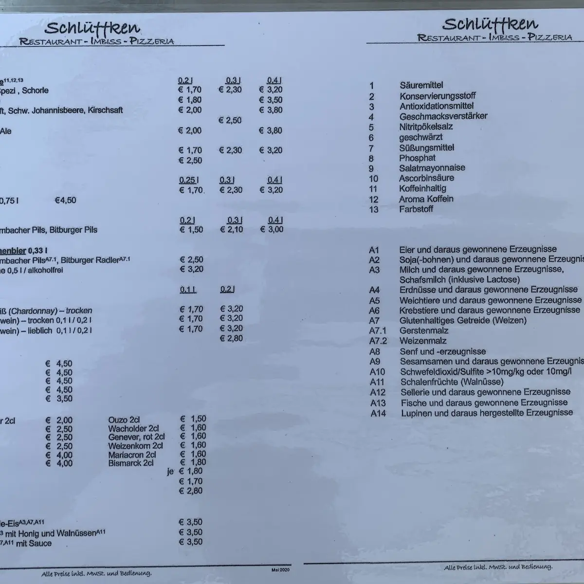 Speisekarte, Restaurant Schlüffken GbR - Inhaberin Maria Antonopoulou und Magdalini Behr