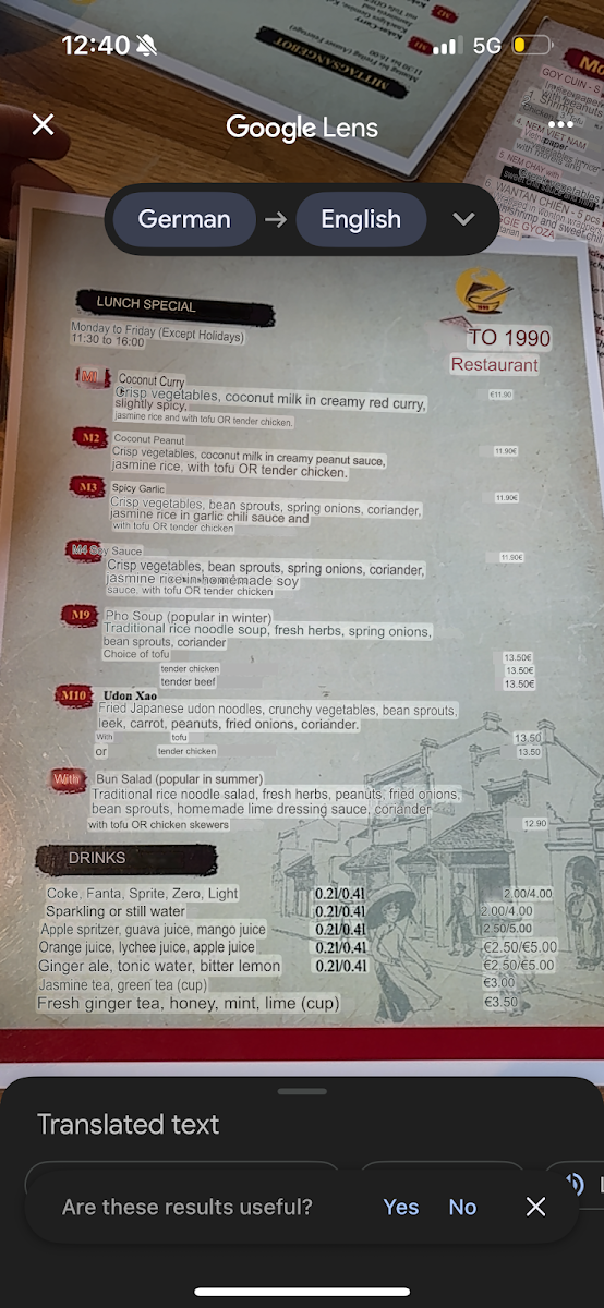 Speisekarte, To 1990 Restaurant