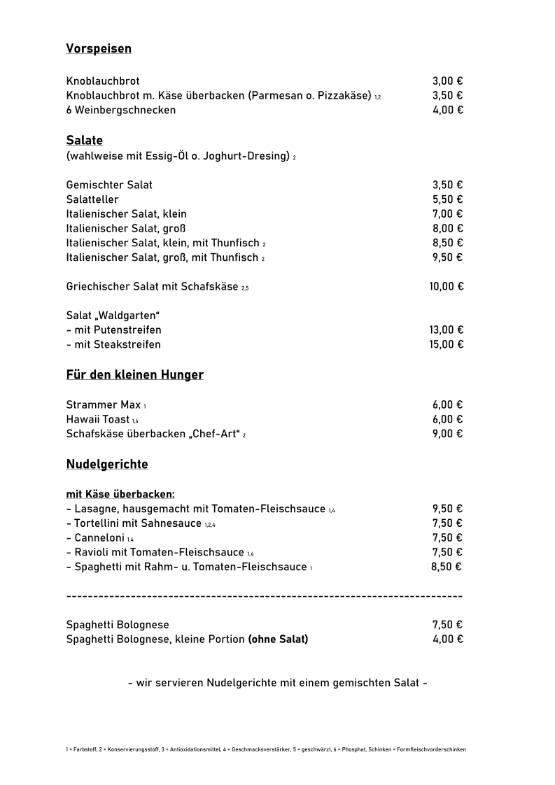 Speisekarte, Gasthaus Waldgarten