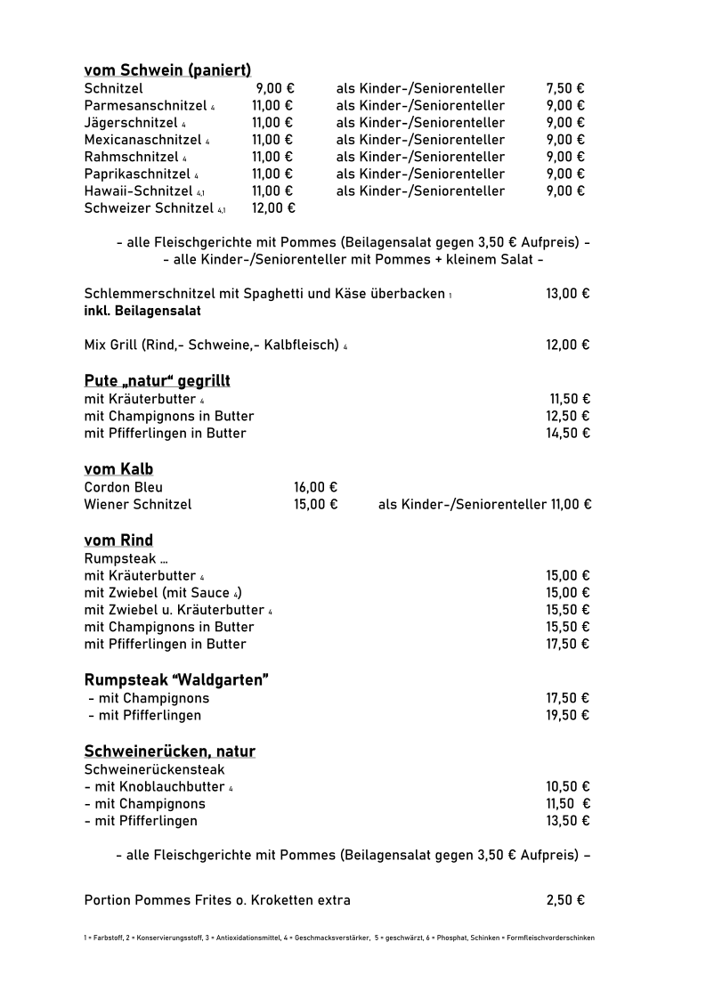 Speisekarte, Gasthaus Waldgarten