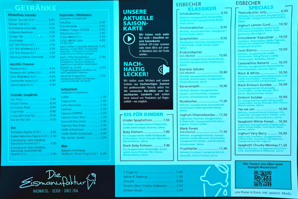 Speisekarte, Die Eismanufaktur Aumenau GmbH