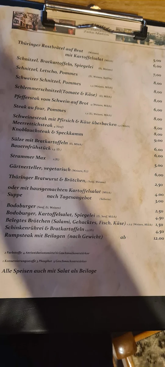 Speisekarte, Gaststätte Zum Einsiedel