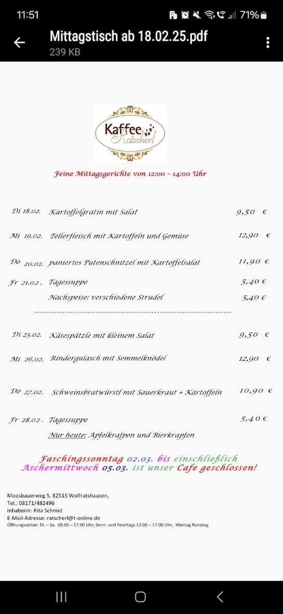 Speisekarte, Kaffee Ratscherl