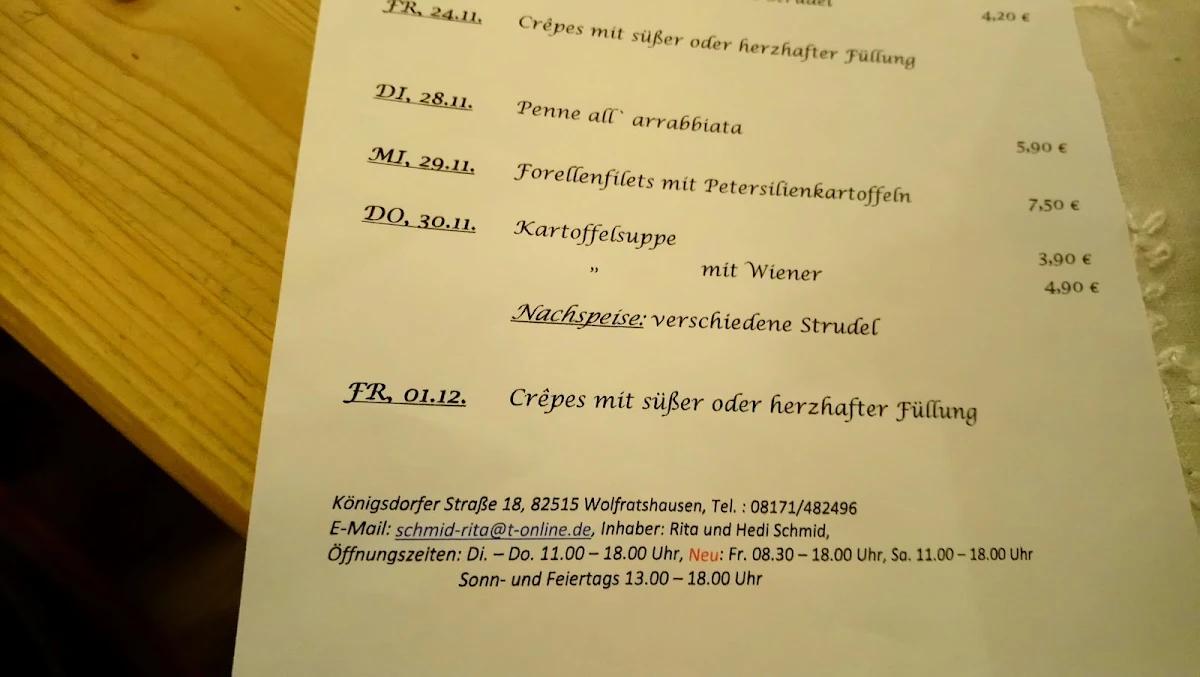Speisekarte, Kaffee Ratscherl