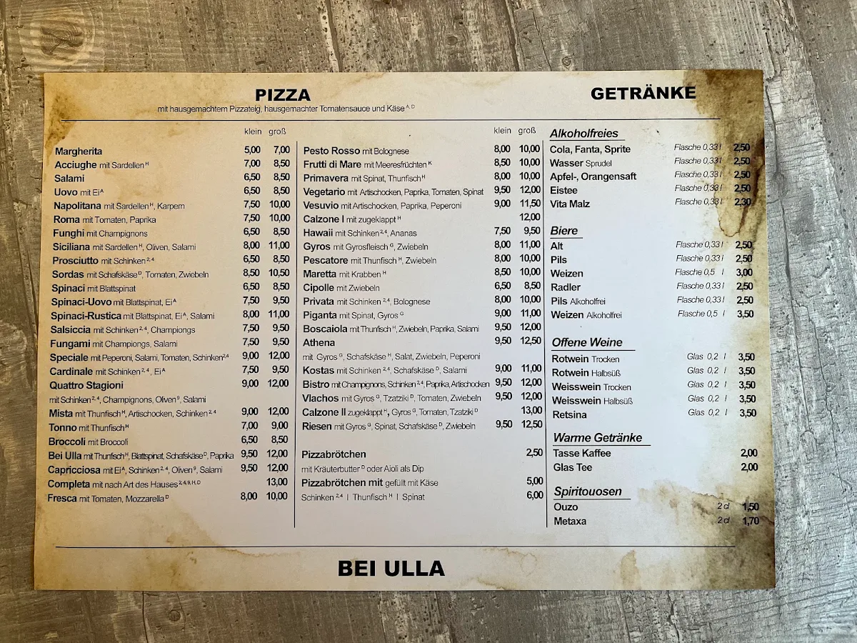 Speisekarte, Grill Pizzeria bei Ulla