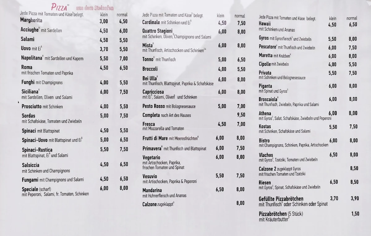 Speisekarte, Grill Pizzeria bei Ulla