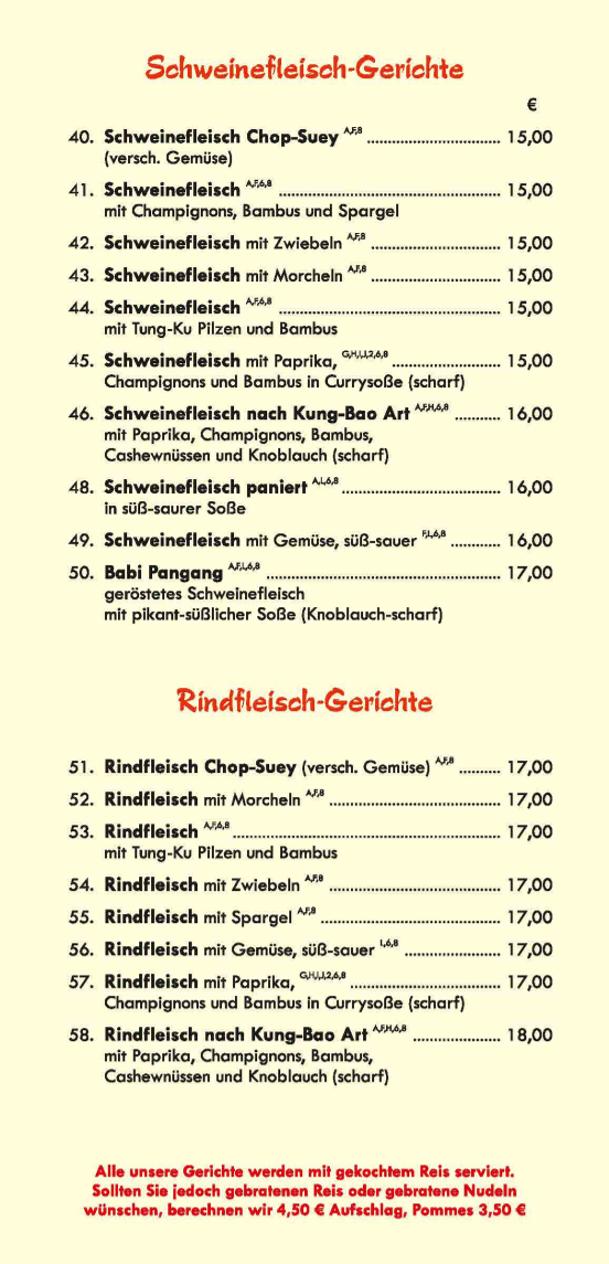 Speisekarte, China Restaurant Reich der Mitte