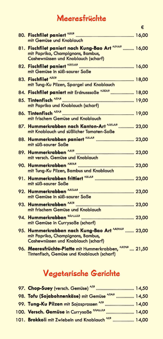 Speisekarte, China Restaurant Reich der Mitte
