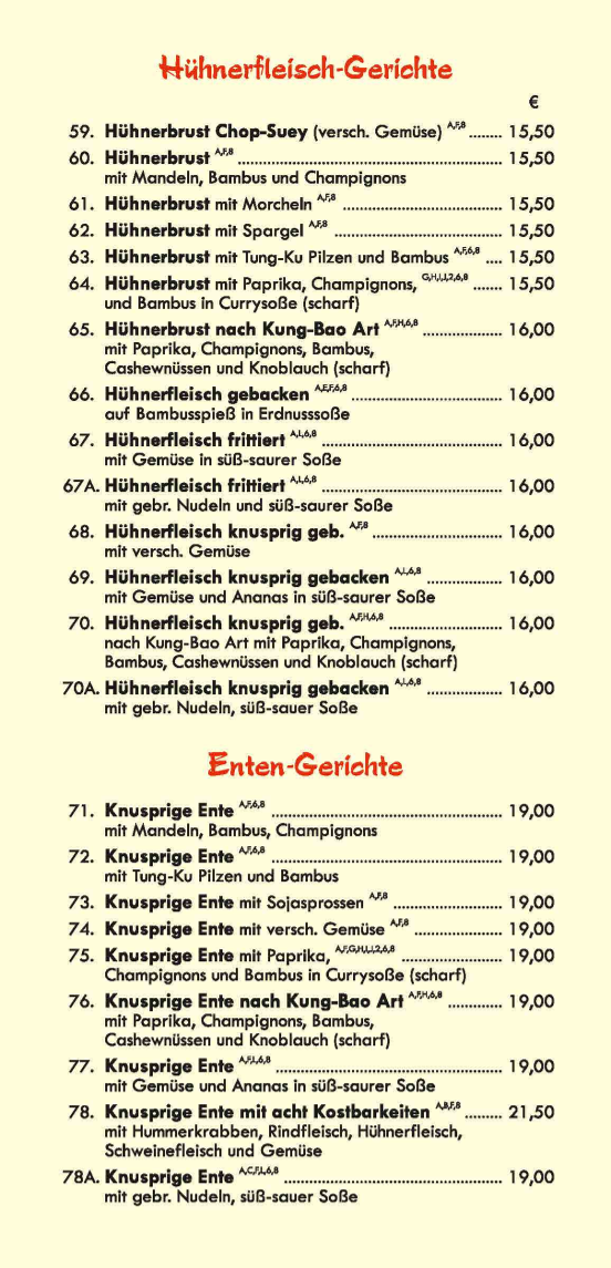 Speisekarte, China Restaurant Reich der Mitte