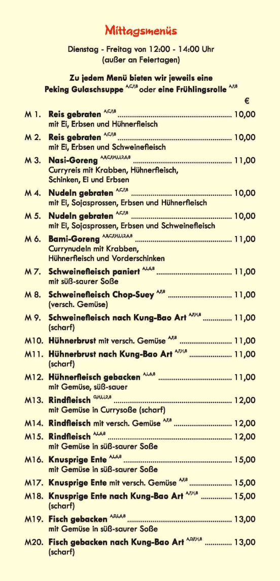 Speisekarte, China Restaurant Reich der Mitte