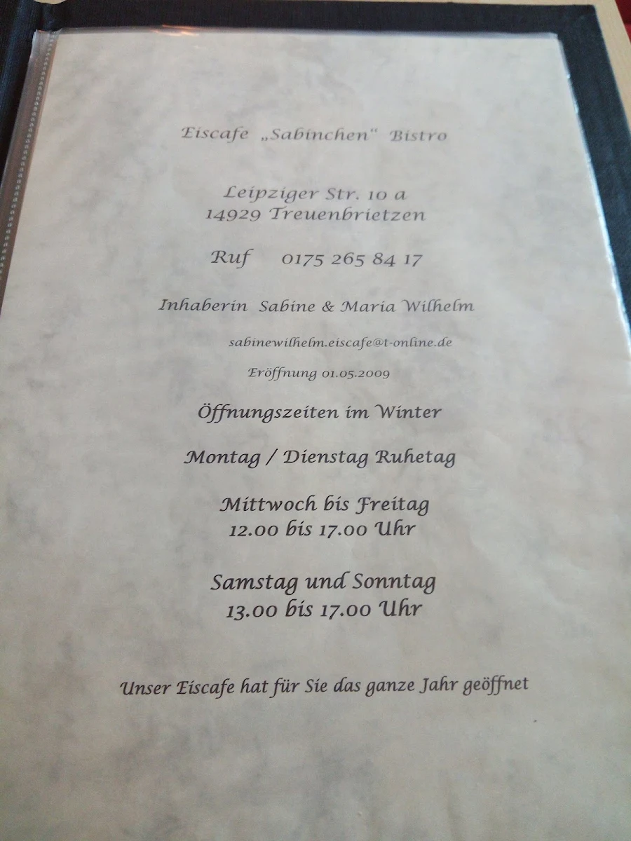 Speisekarte, Sabinchen - Eiscafé - Bistro
