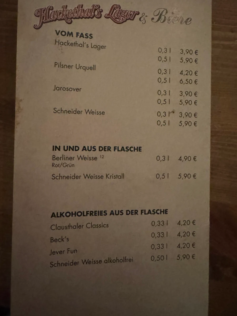 Speisekarte, Hackethal’s Gaststätte