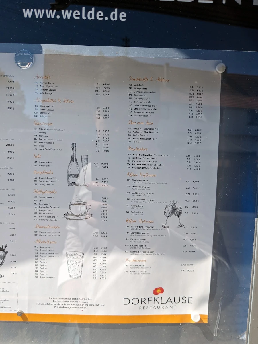 Speisekarte, Restaurant Dorfklause