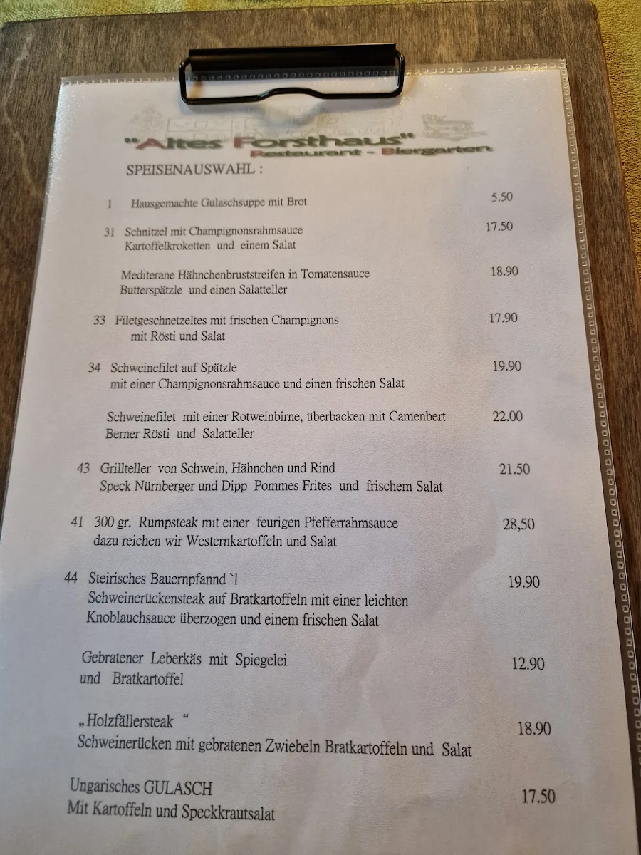 Speisekarte, Restaurant Altes Forsthaus