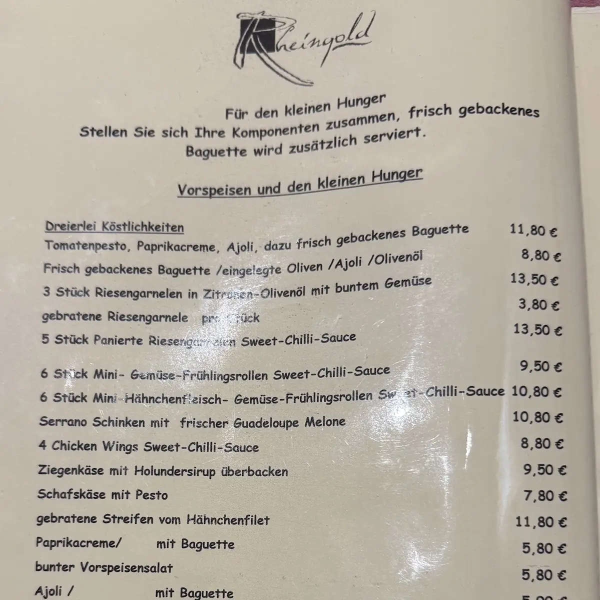 Speisekarte, Restaurant Rheingold