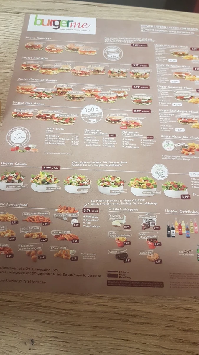 Speisekarte, burgerme Karlsruhe West