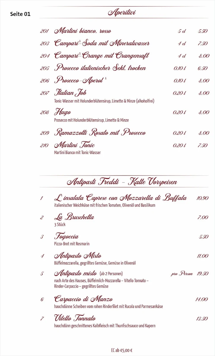 Speisekarte, Ristorante Café Perla