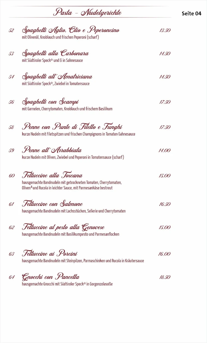 Speisekarte, Ristorante Café Perla