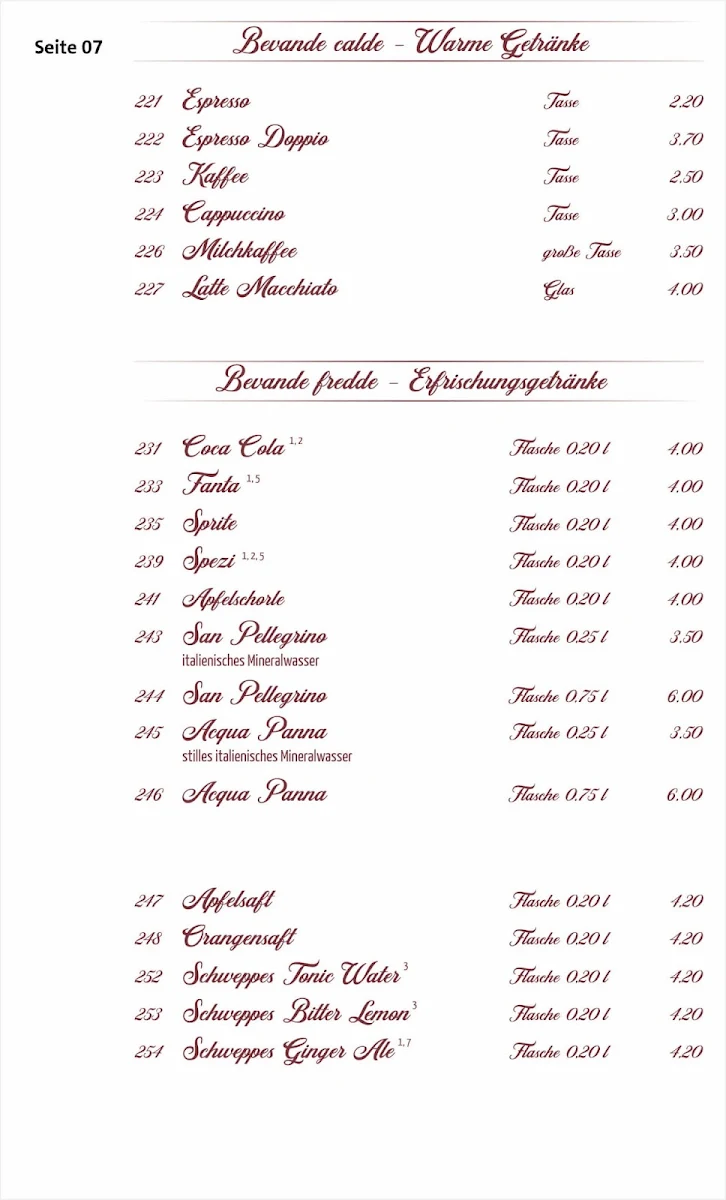 Speisekarte, Ristorante Café Perla