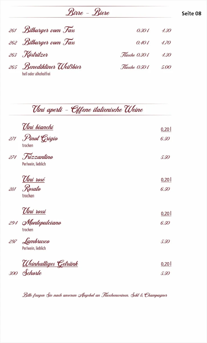 Speisekarte, Ristorante Café Perla