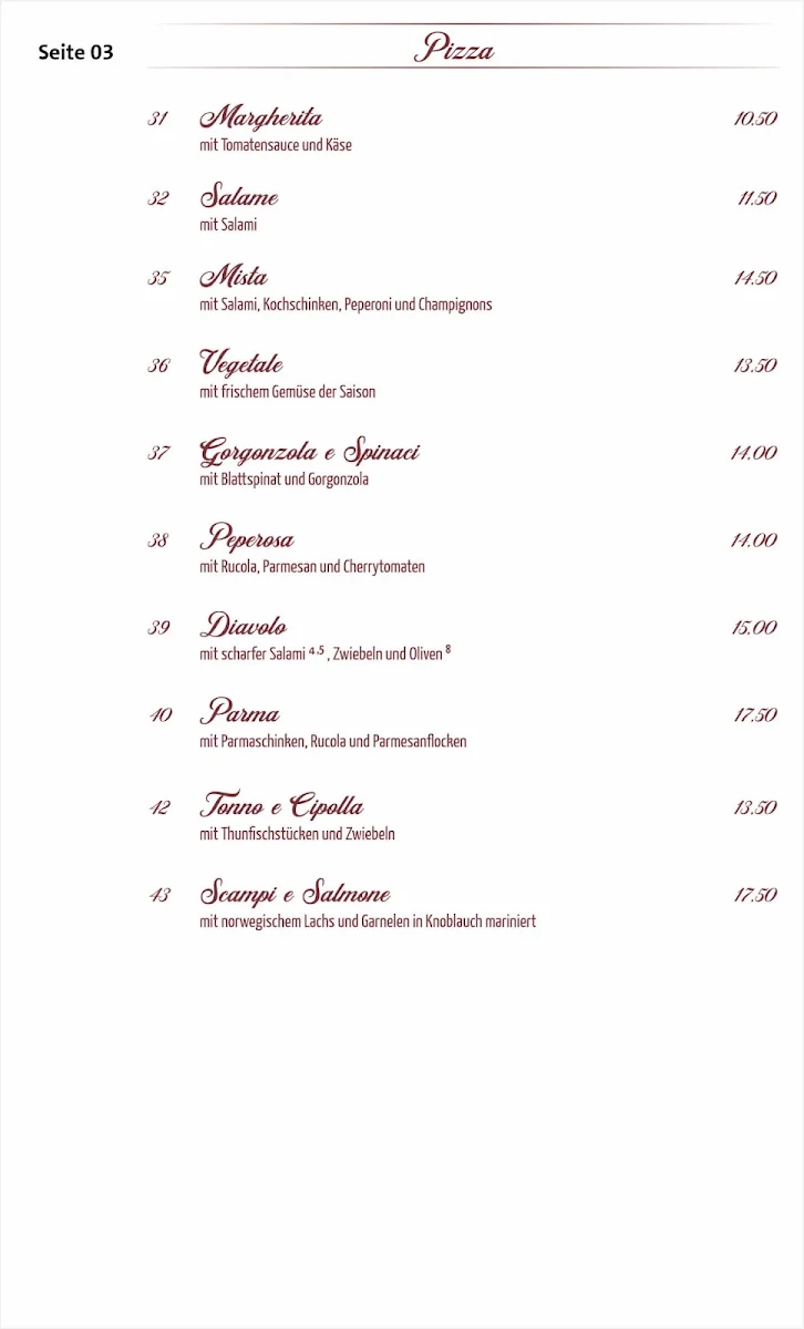 Speisekarte, Ristorante Café Perla