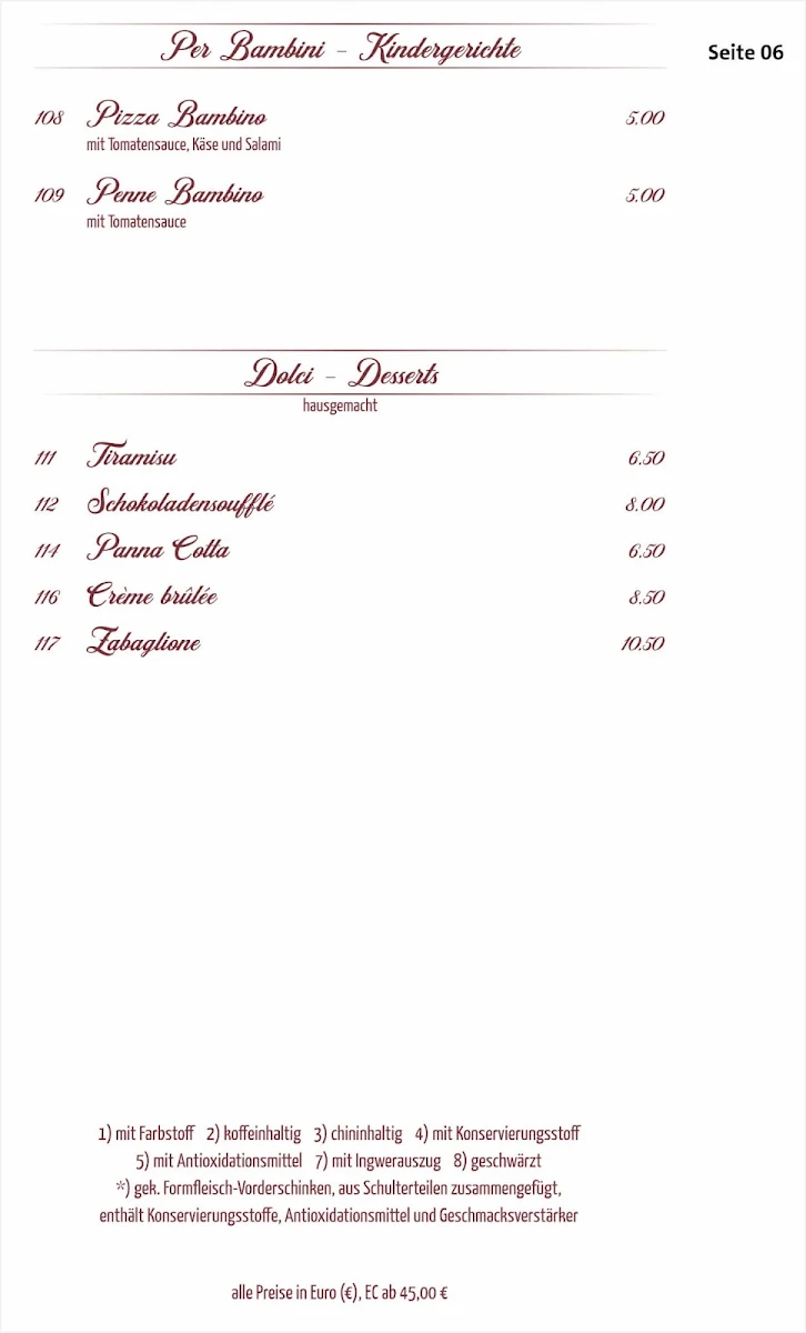 Speisekarte, Ristorante Café Perla