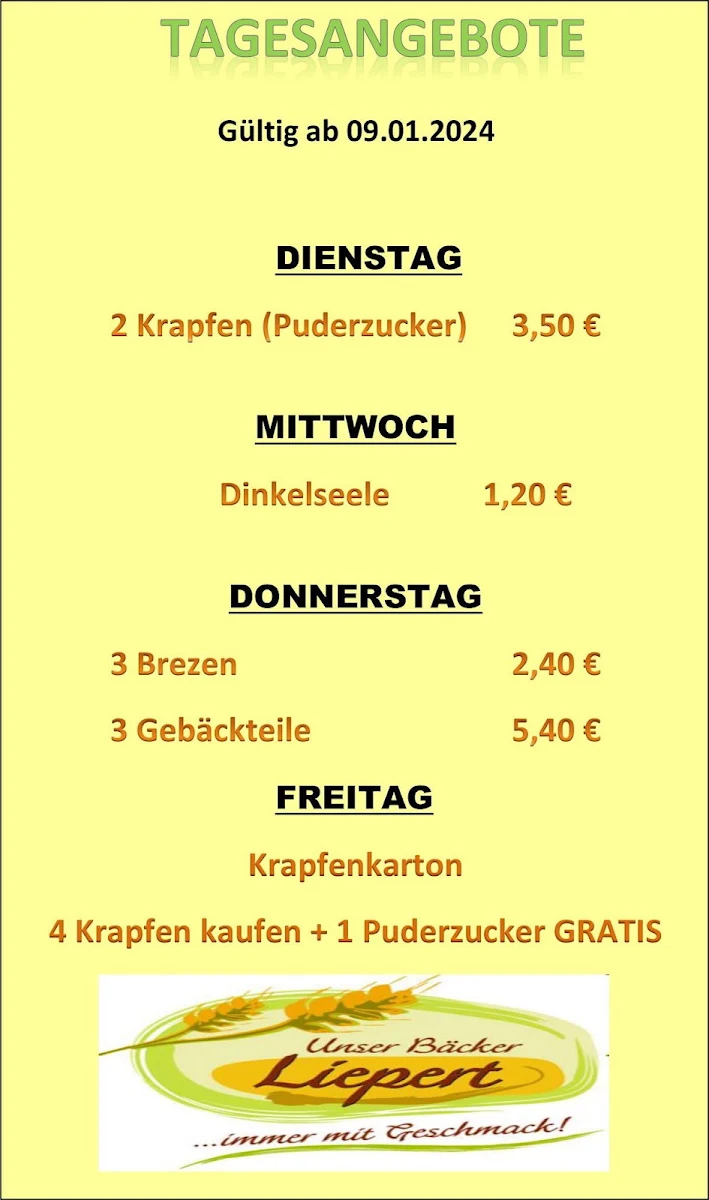 Speisekarte, Bäckerei Liepert