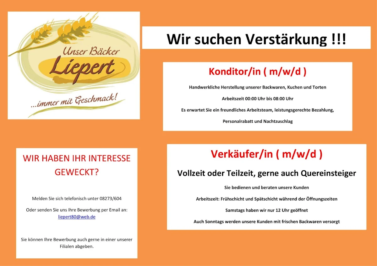 Speisekarte, Bäckerei Liepert