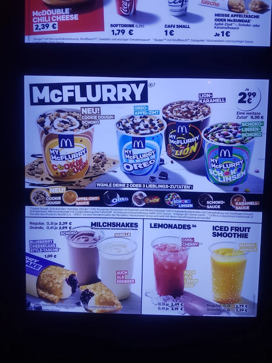 Speisekarte, McDonald's
