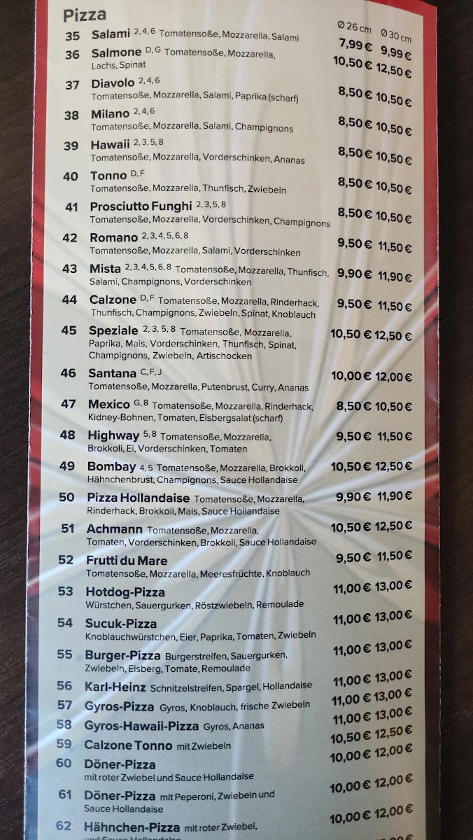 Speisekarte, Napoli Pizzeria