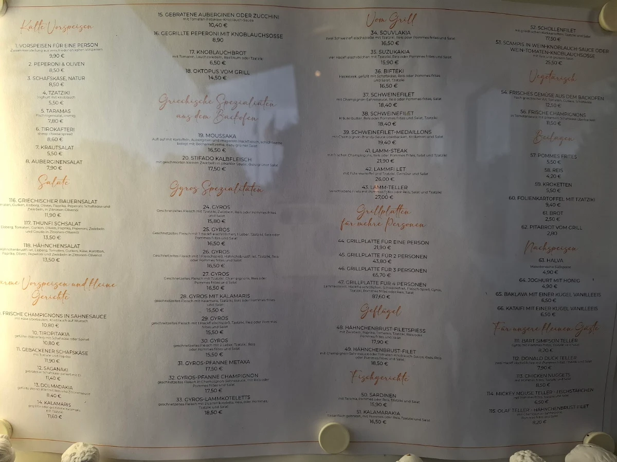 Speisekarte, Restaurant Kalispera