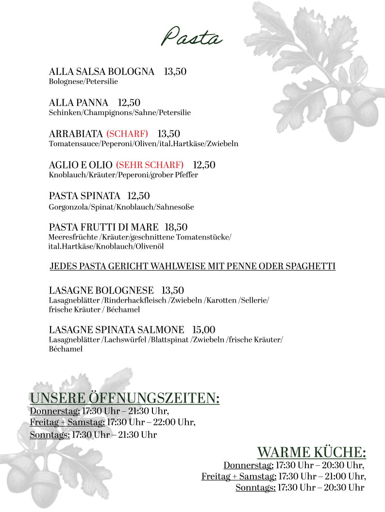 Speisekarte, Gasthof Zur Eiche｜Italienisch-Deutsche Küche