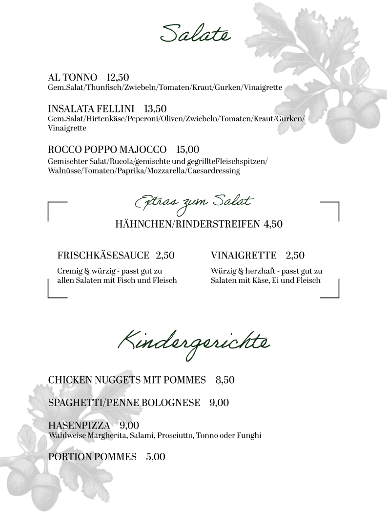 Speisekarte, Gasthof Zur Eiche｜Italienisch-Deutsche Küche