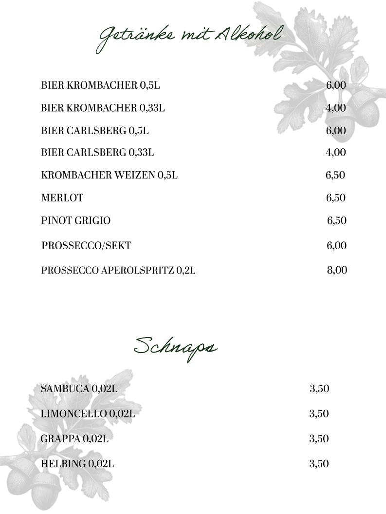 Speisekarte, Gasthof Zur Eiche｜Italienisch-Deutsche Küche